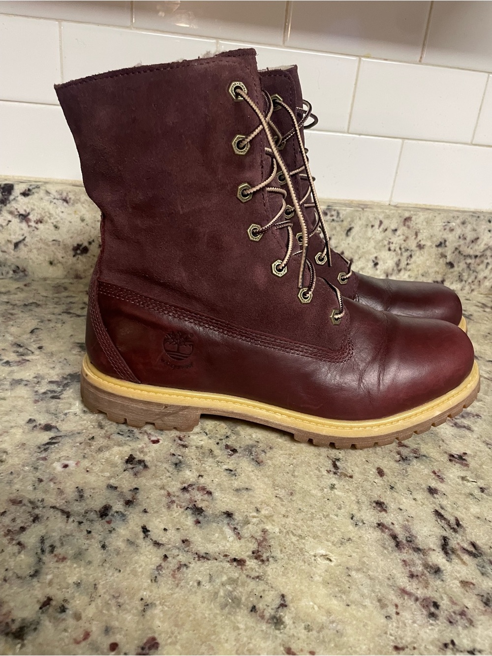 Timberland Teddy Fleece Burgundy wine Lace-Up Leather fold down Boots shoe 9.5